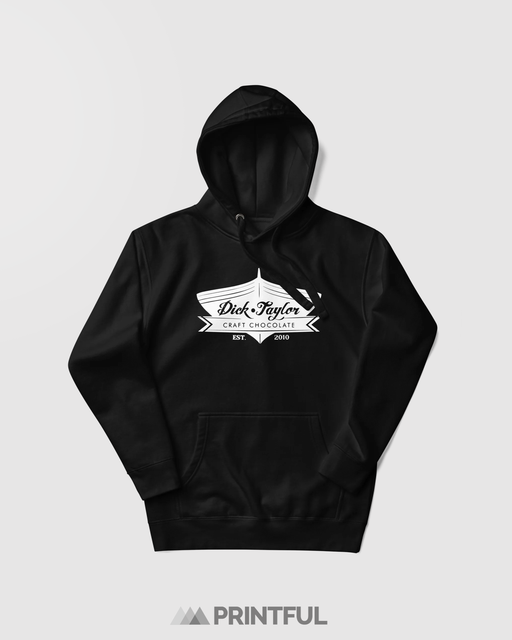 Black hoodie with a white logo on a light gray background