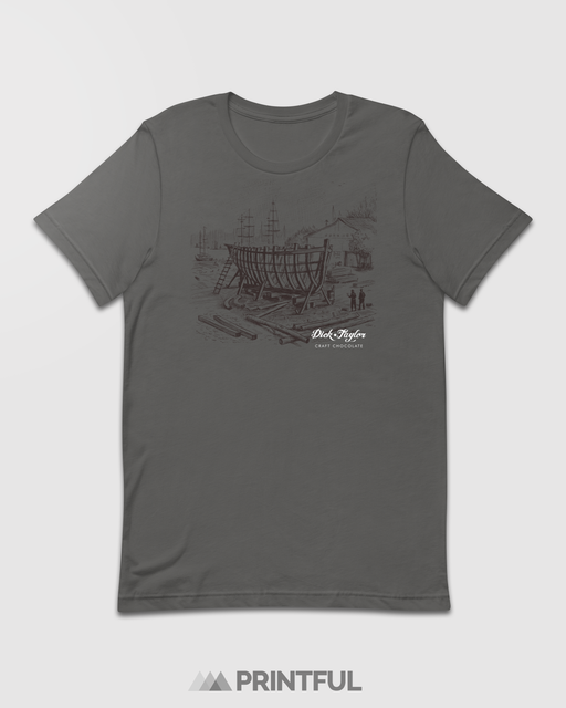 Gray t-shirt with ship illustration.