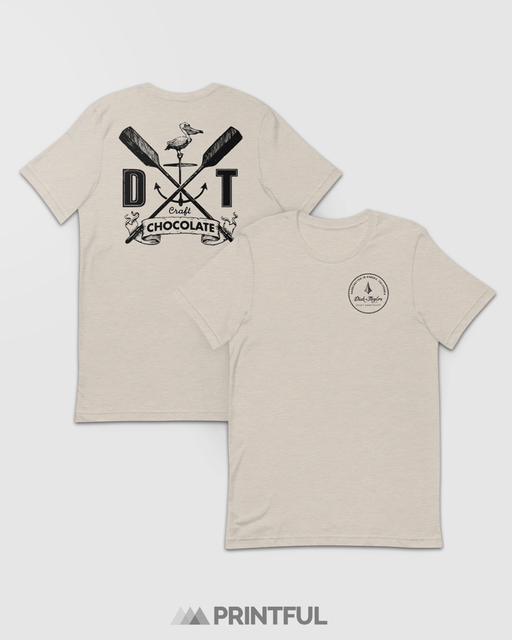 Beige t-shirt with graphic design on the front and back.